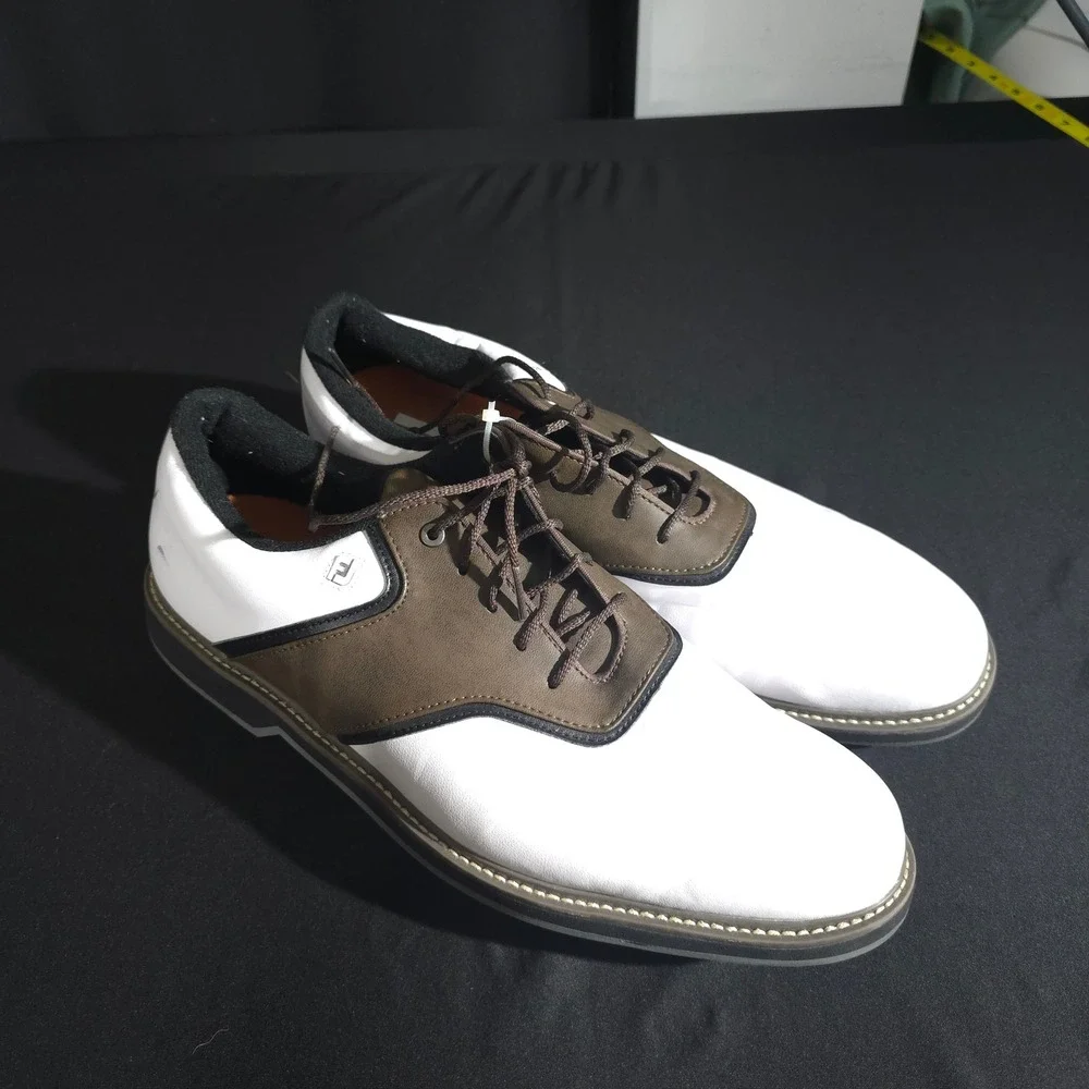 FootJoy Golf Shoes Mens 12 White Brown Saddle Spiked Athletic Cleats 57022